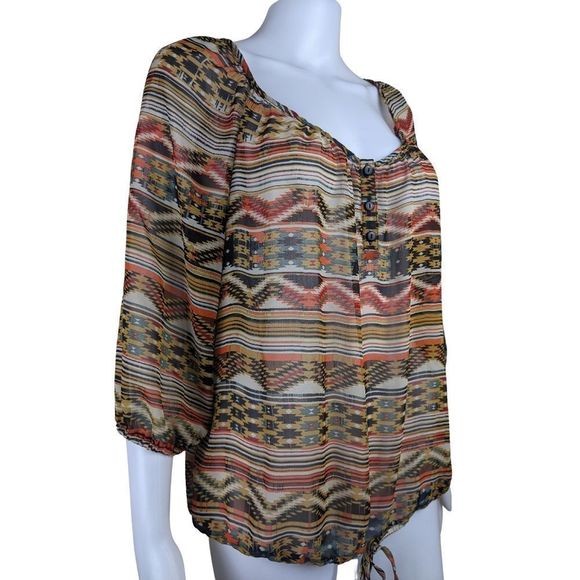 Speechless XL Aztec Tribal Geometric Design Sheer V Neck 3/4 Sleeve Blouse - Picture 6 of 10